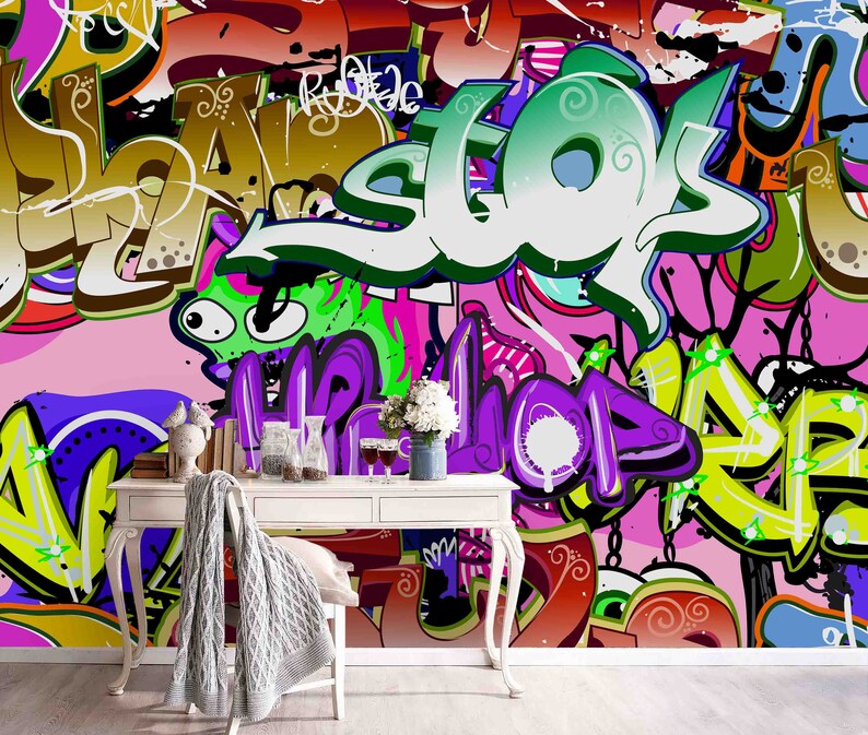 3D Purple Green Blue Abstract Symbol Graffiti Wallpaper Mural Peel and Stick Wallpaper Removable Wall Prints Stickers Feature Wallpaper B736