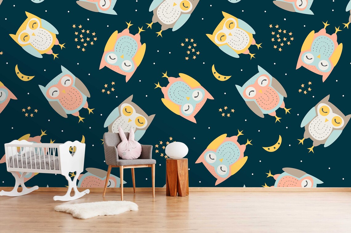 3D Cartoon Owl Mural Peel and Stick Wallpaper Removable Wall Etsy