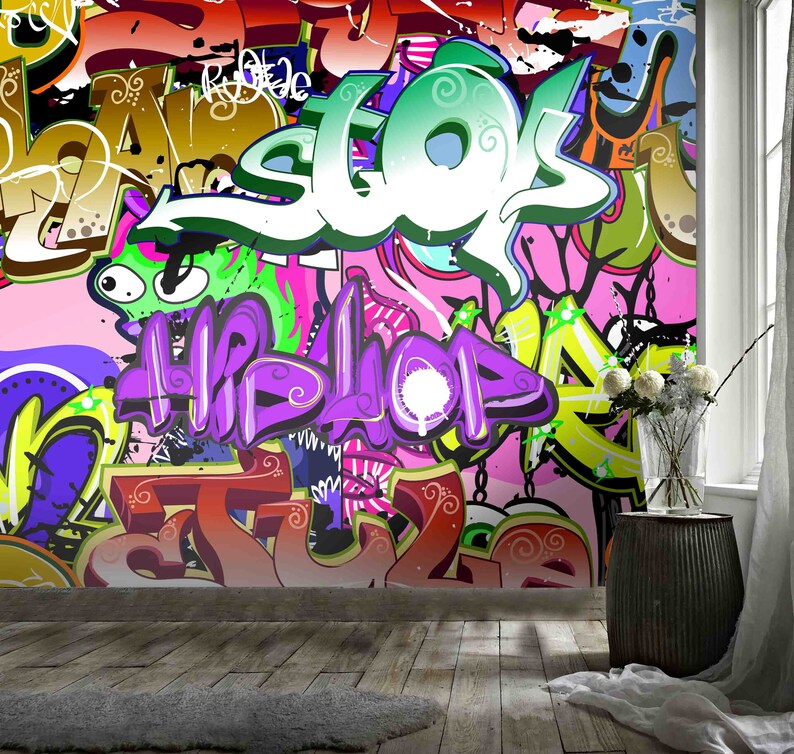 3D Purple Green Blue Abstract Symbol Graffiti Wallpaper Mural Peel and Stick Wallpaper Removable Wall Prints Stickers Feature Wallpaper B736