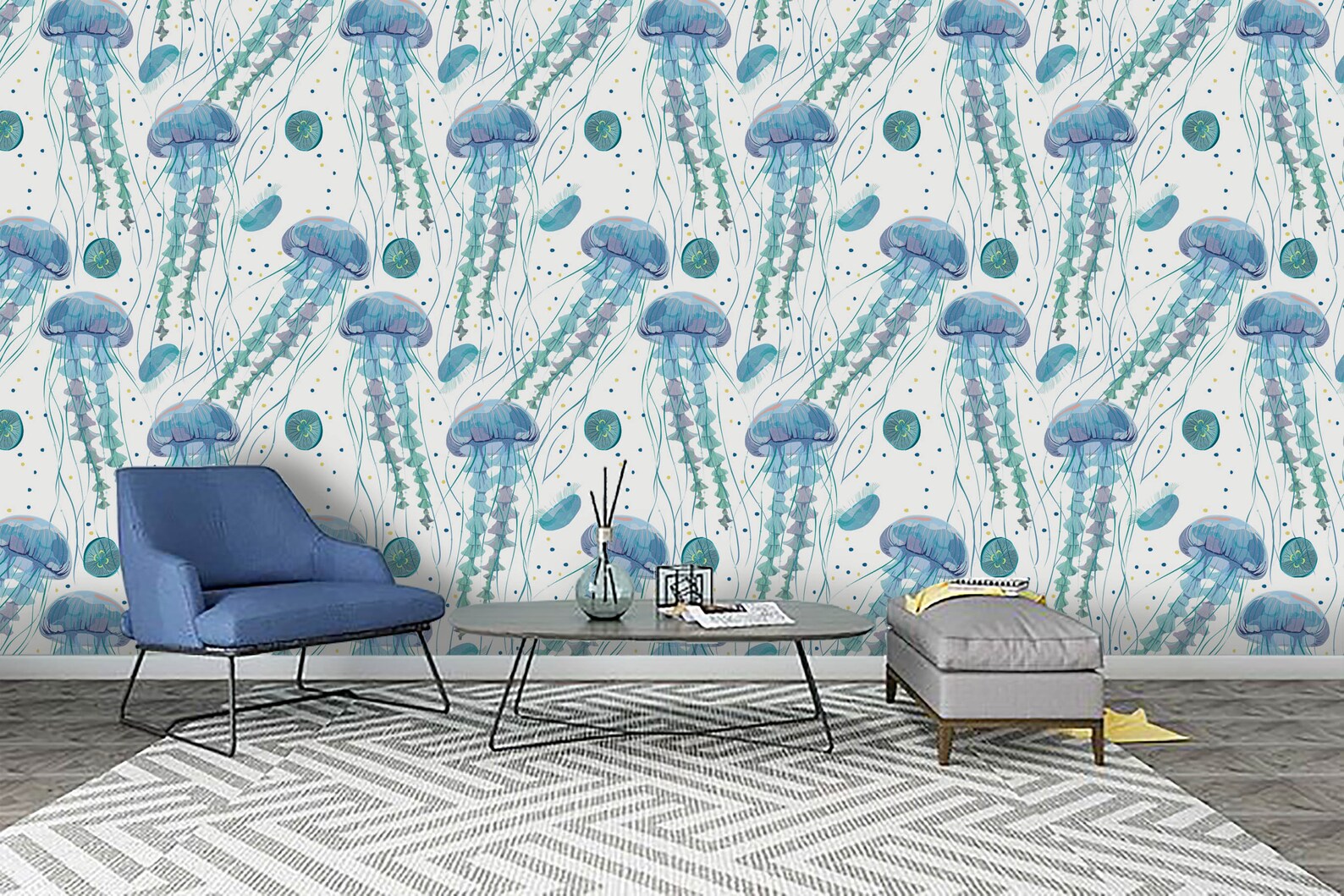 3D Blue Watercolor Jellyfish Wallpaper Mural Peel and Stick | Etsy