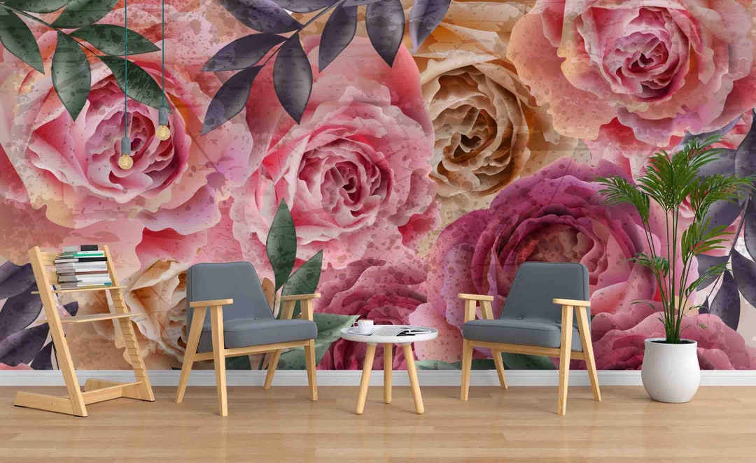 3D Vintage Pink Rose Wallpaper Mural Peel and Stick Wallpaper Etsy