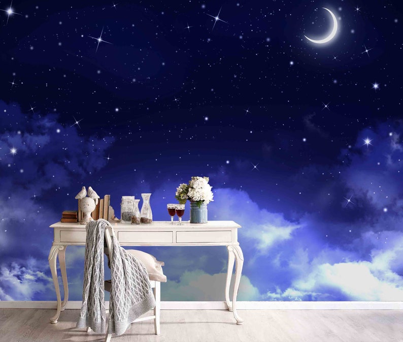 3D Blue Moon Night Sky Star Wallpaper Mural Peel and Stick | Etsy