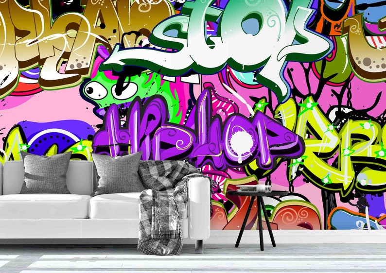 3D Purple Green Blue Abstract Symbol Graffiti Wallpaper Mural Peel and Stick Wallpaper Removable Wall Prints Stickers Feature Wallpaper B736