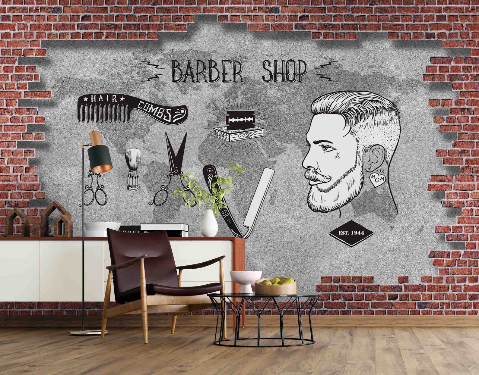 3D Retro Red Brick Wall Barber Shop Poster Wallpaper Mural Etsy