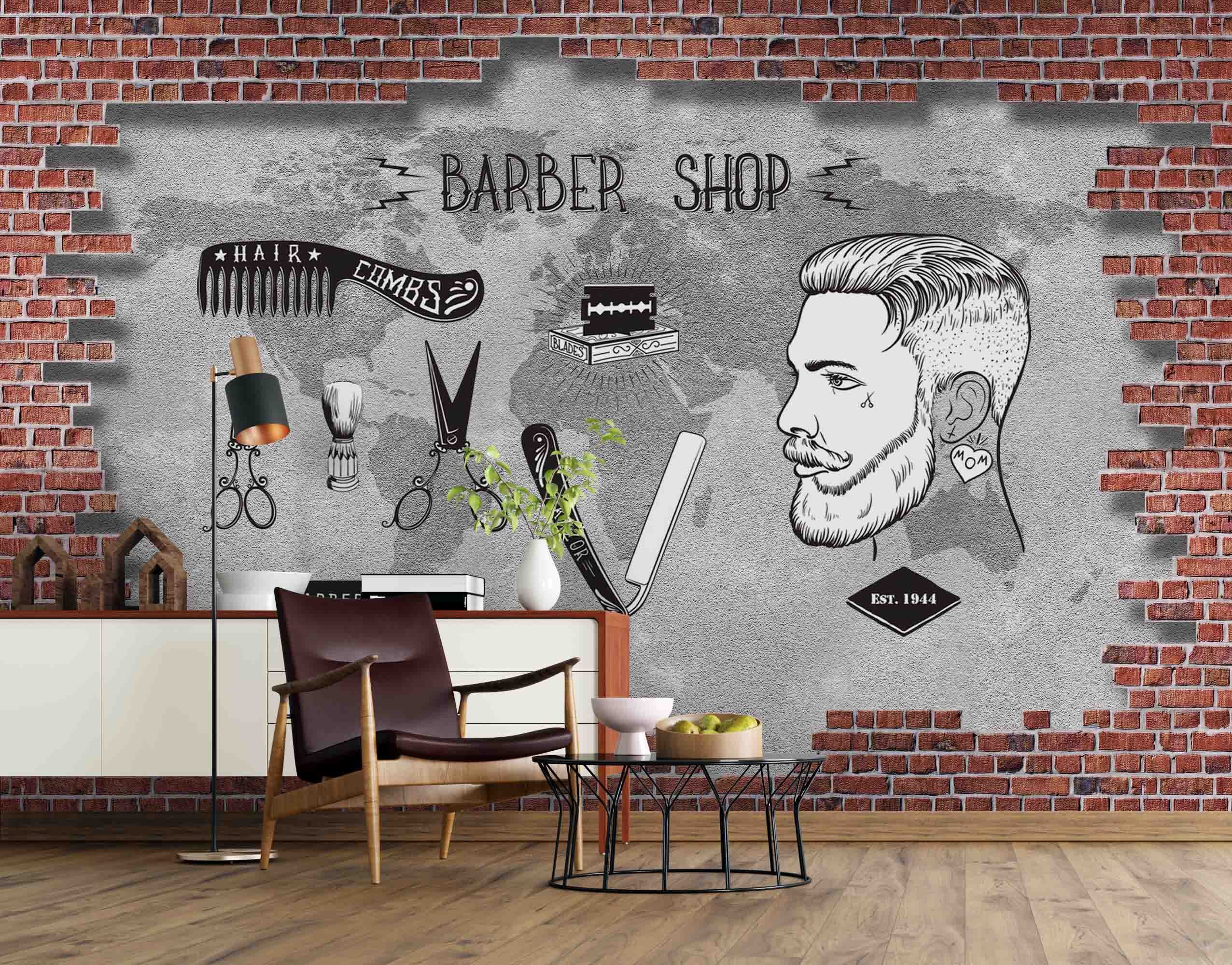 3D Barber Shop Wall Art Red Brick Wallpaper Poster Wall Etsy Finland
