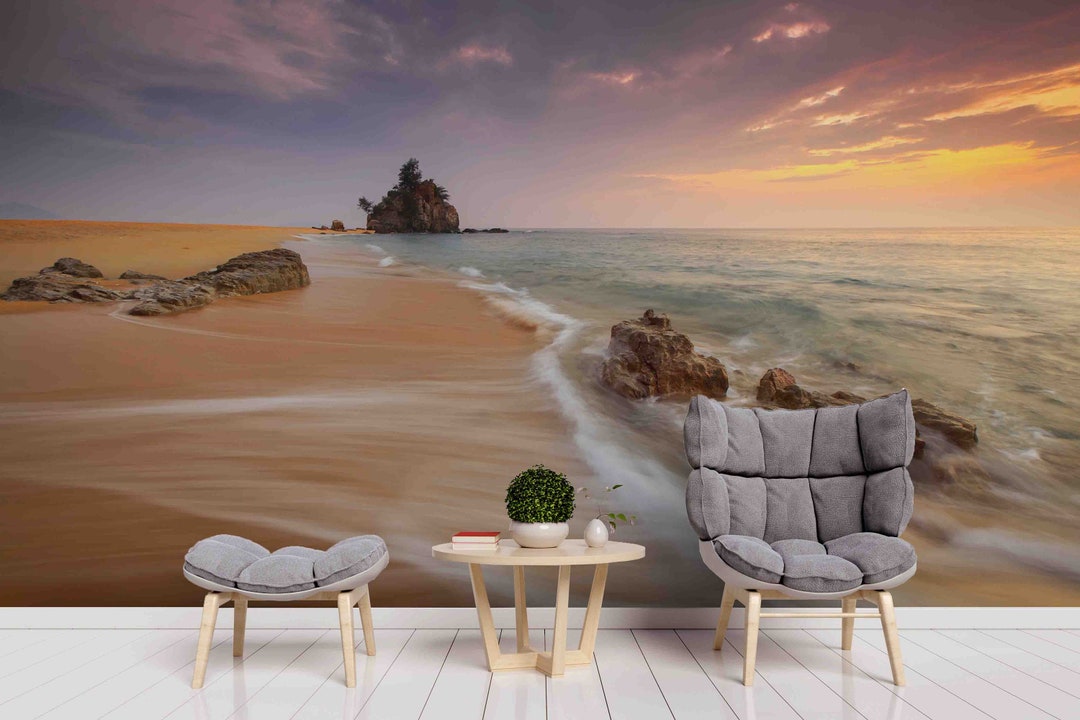 3D Beach Wall Art Waves Wallpaper Sea Wall Decor Sunset Etsy