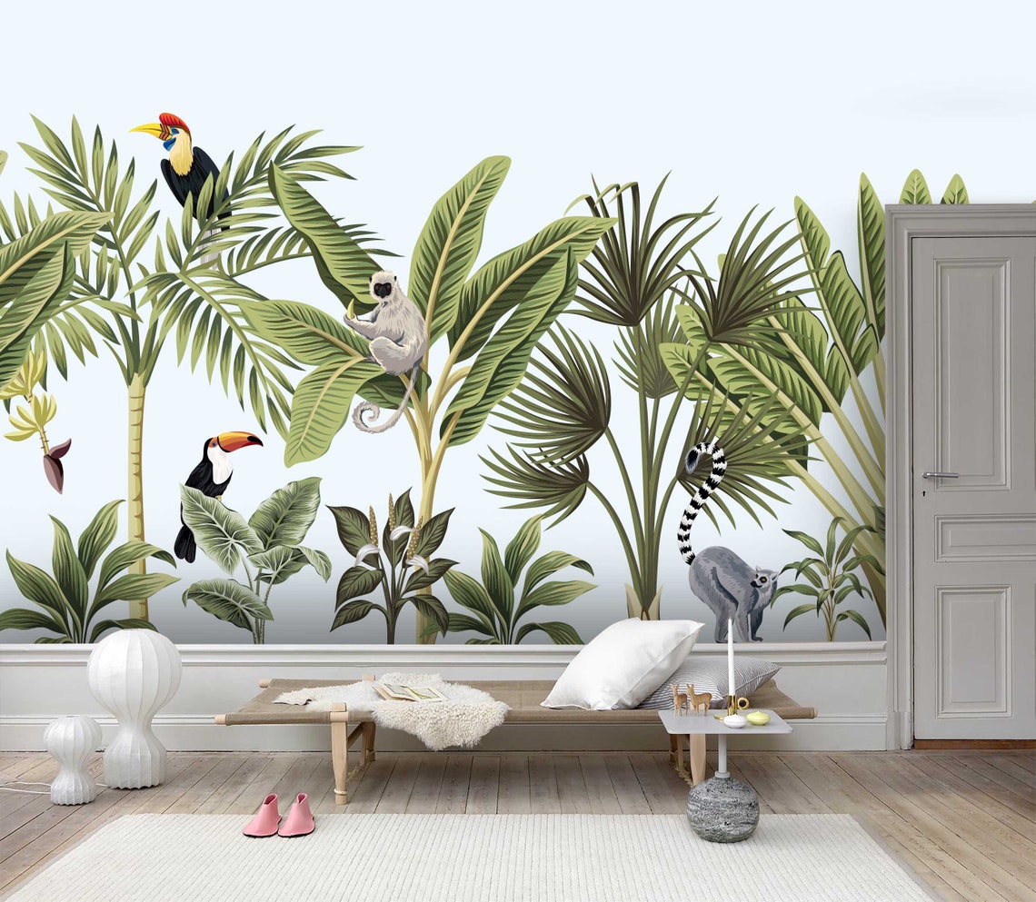 3D Green Tropical Trees Toucan Wallpaper Mural Peel and Stick Etsy