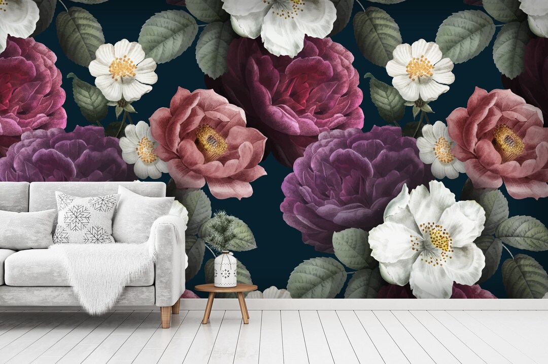 3D Flowers Nature Purple Wallpaper Mural Peel and Stick Etsy