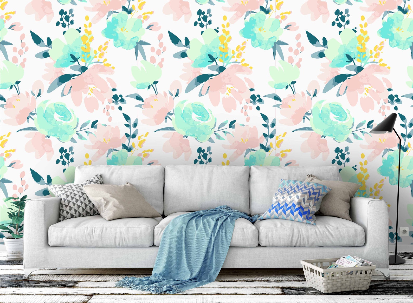 3D Watercolor Pink Green Floral Wallpaper Mural Peel and Stick Etsy