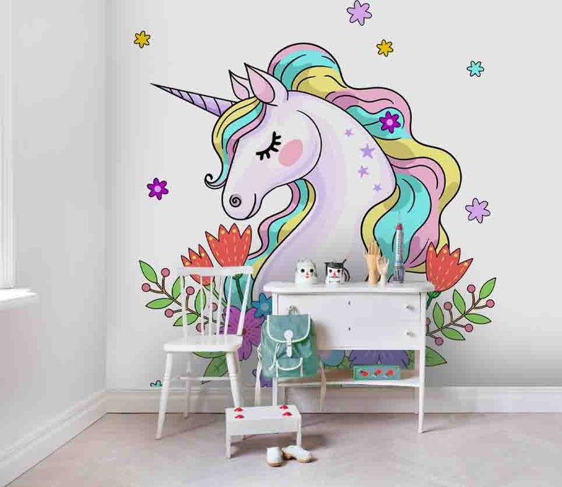 3D Watercolor Cartoon Unicorn Wallpaper Mural Peel and Stick Etsy