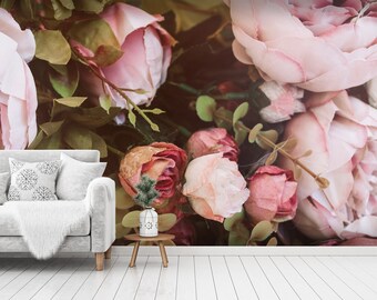 3D Pink Rose Wallpaper Mural Peel and Stick Wallpaper Removable Wall Prints Stickers FC