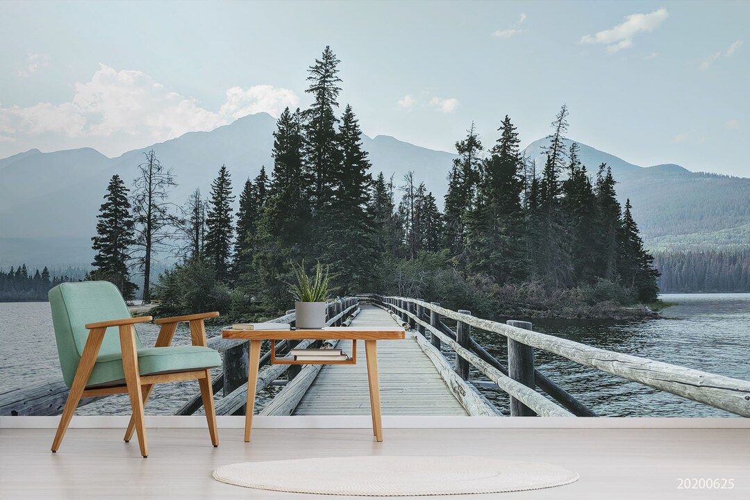 3D Forest Bridge Lake Mountain Wallpaper Mural Peel and Stick - Etsy ...