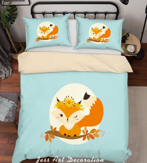 3D Fox Duvet Covers Set Cartoon Quilt Cover Floral Bedding Etsy