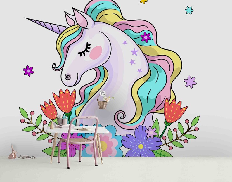 3D Watercolor Cartoon Unicorn Wallpaper Mural Peel and Stick | Etsy