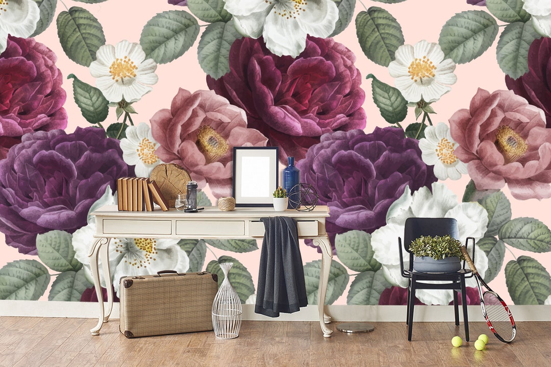 3D Flowers Nature Purple Wallpaper Mural Peel and Stick Etsy
