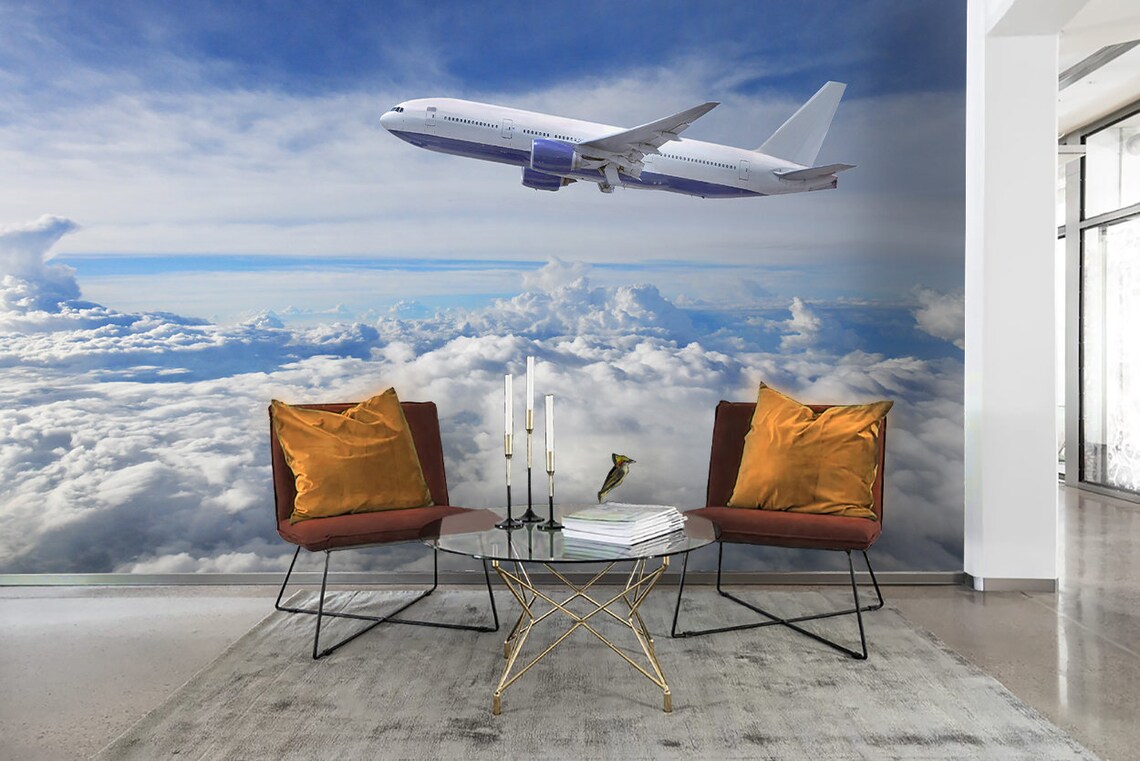 3D Airplane Sky Blue Wallpaper Mural Peel and Stick Wallpaper | Etsy