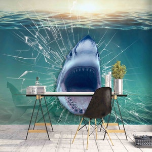 3D Blue Ocean Glass Aquarium Big Shark Wallpaper Mural Peel - Etsy