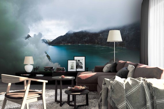 3D White Fog Blue Lake Black Mountain Wallpaper Mural Peel and | Etsy