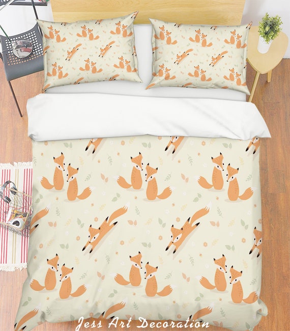 3D Fox Duvet Covers Set Leaves Quilt Cover Floral Bedding Etsy