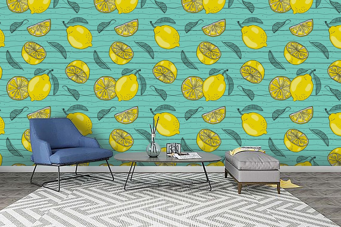 3D Watercolor Yellow Lemon Wallpaper Mural Peel and Stick Etsy