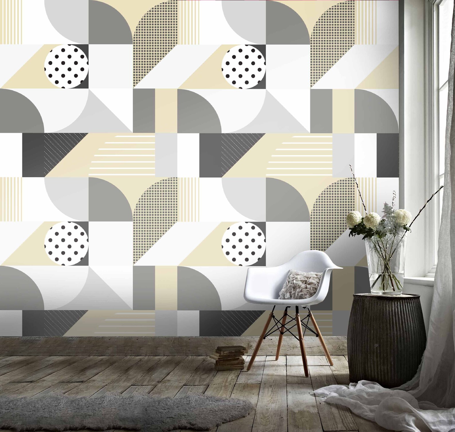 3D Grey Yellow Geometric Pattern Round Wallpaper Mural Peel Etsy