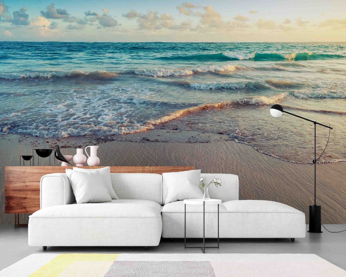 3D Golden Beach Blue Ocean Waves Seascape Wallpaper Mural Peel - Etsy