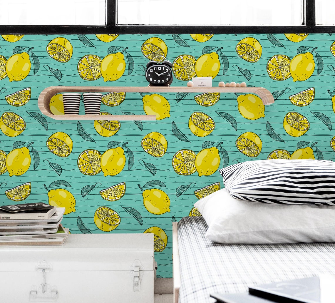 3D Watercolor Yellow Lemon Wallpaper Mural Peel and Stick Etsy