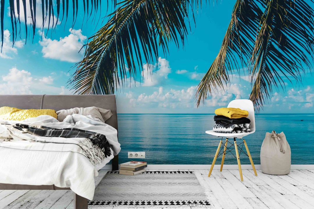 3D Beach Wall Art Palm Leaves Wallpaper Sea Wall Decor Blue - Etsy
