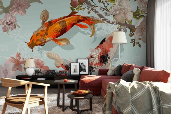 3d Koi Fish Wallpaper Mural Peel And Stick Wallpaper Removable Etsy Singapore