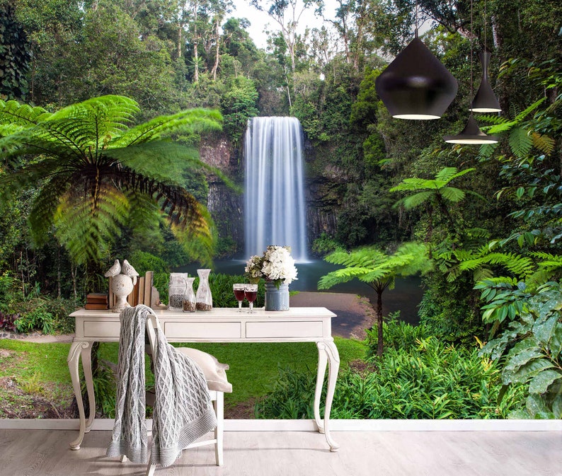 3D Tropical Green Jungle White Waterfall Wallpaper Mural Peel and Stick Wallpaper Removable Wall Prints Stickers Feature Wall Wallpaer B444