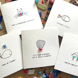 Lot de cartes de voeux pour amoureux de la mer, cartes d'anniversaire durables, plastique nettoyé sur la plage, lot de cartes amusantes, respectueux de l'océan, 5xCards, unique