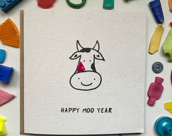 Happy Moo Year! Happy New Year! Sustainable New Years card, 2020 card, funny new years card, beach cleaned plastic, quirky, cute, upcycled