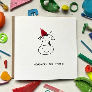 Moo-ry Natale! Cartolina di Natale carina, cartolina di Natale pungente, cartolina di Natale ecologica, Natale sostenibile, cartolina di Natale unica