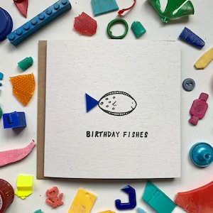Geburtstagsfische! Alles Gute zum Geburtstag, Öko Geburtstagskarte, Plastik Strand gereinigt, Upcycled, nachhaltig, lustig, schrullig, einzigartig, etwas Besonderes