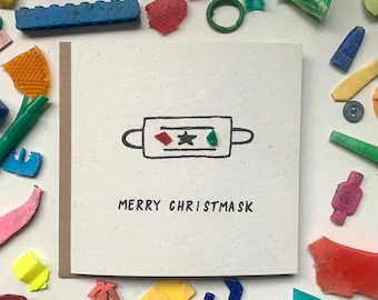 Merry Christmask! Sustainable Christmas card, eco Christmas card, beach cleaned plastic, sustainable, funny, upcycled, fun, unique, quirky