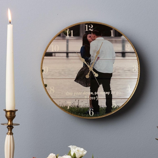Custom Round Wood Wall Clock With Rope and Photo, Mothers Day Gift, Personalised Family Wall Watch, Housewarming Gifts, Anniversary Gift
