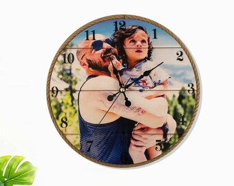 Custom Wood Wall Clock, Photo Print on Clock, Housewarming gift, Personalised Wall Clock, Gift For Father, Birthday Gift For Boyfriend