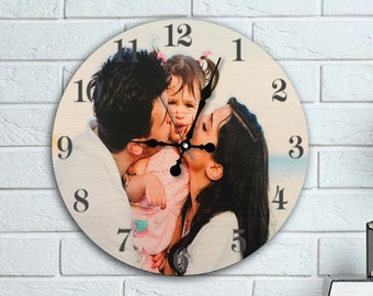 Custom Wooden Wall Clock, Personalized Wood Photo Clock,  Valentines Day Gift For Him , Picture Print on Wood Clock, Family Keepsake on Wood