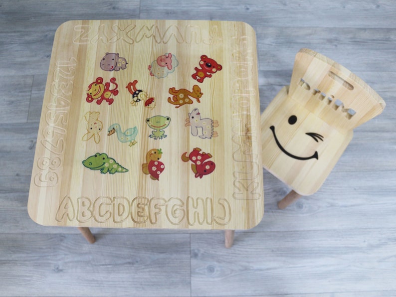 Personalised Children Kids Table and Chairs , Any Name Per Chair, Alphabet And Animals, Kids Activity Table and Chair Set , Kids Room Decor image 2