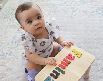 Custom Name Puzzle Stool , Personalized Wooden Name Step Stools For  New Baby , Toddlers , Kids , First, Second Birthday , Educational Gift