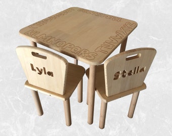 Alphabet and Numbers Carved Wood Table and Custom Chair Set , Personalized Handmade Kids' Furniture , Custom  Activity Table and Chairs Set