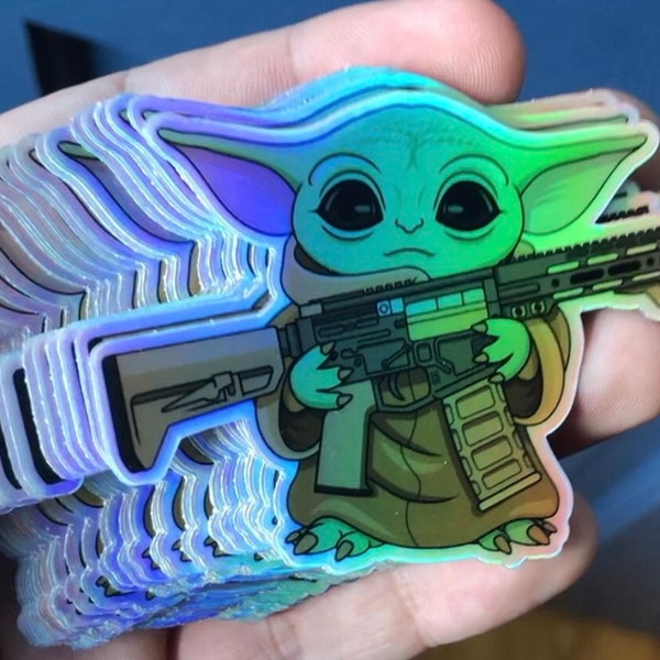 Baby Yoda with Ar15 Holographic Decal | Pew Pew Decal