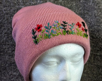 Hand embroidered flower beanie hat