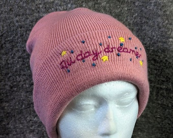 Hand embroidered "All day dreamer" beanie hat