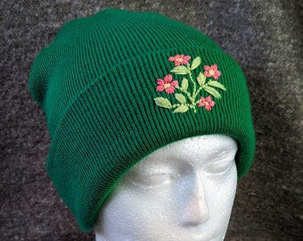 Hand embroidered flower beanie hat