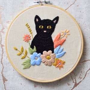 Cat Embroidery Kit black Background Embroidery for Beginners DIY