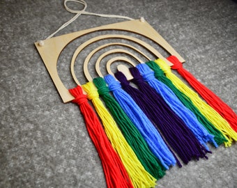 Wooden rainbow macrame sign