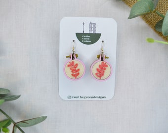 Embroidered pink leaf earrings