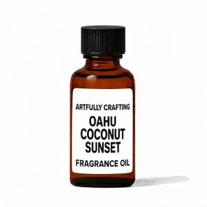 May include: A small amber glass bottle with a black screw-top cap and a white rectangular label. The label features black text that reads ARTFULLY CRAFTING OAHU COCONUT SUNSET FRAGRANCE OIL. The bottle is clear and contains a liquid substance.