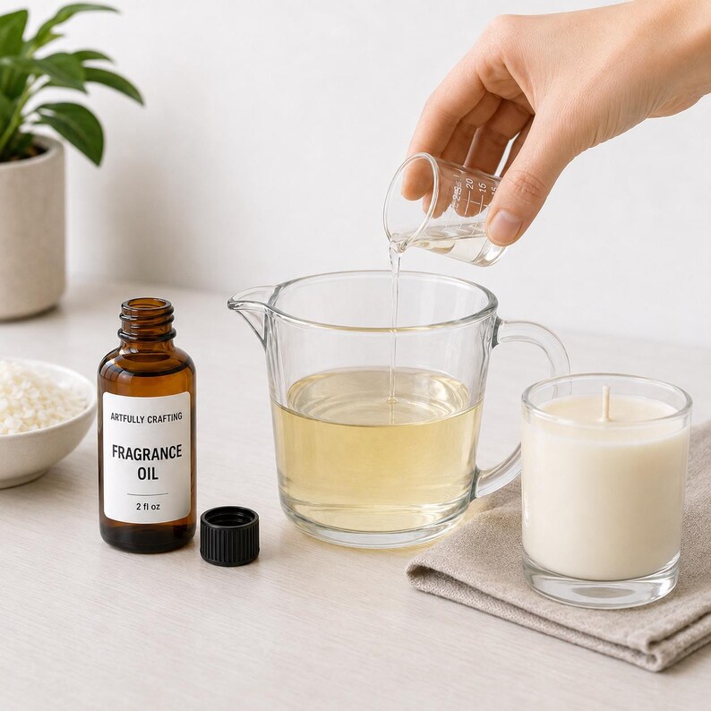 Artfully Crafting fragrance oil being measured and poured into melted candle wax beside an unlit finished candle